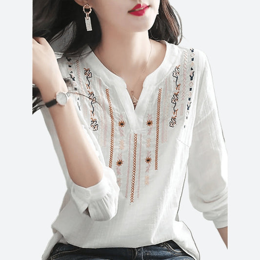 Embroidery V-Neck Loose Tops