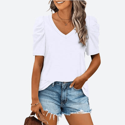 Puff Sleeve Casual Solid Color Tshirts