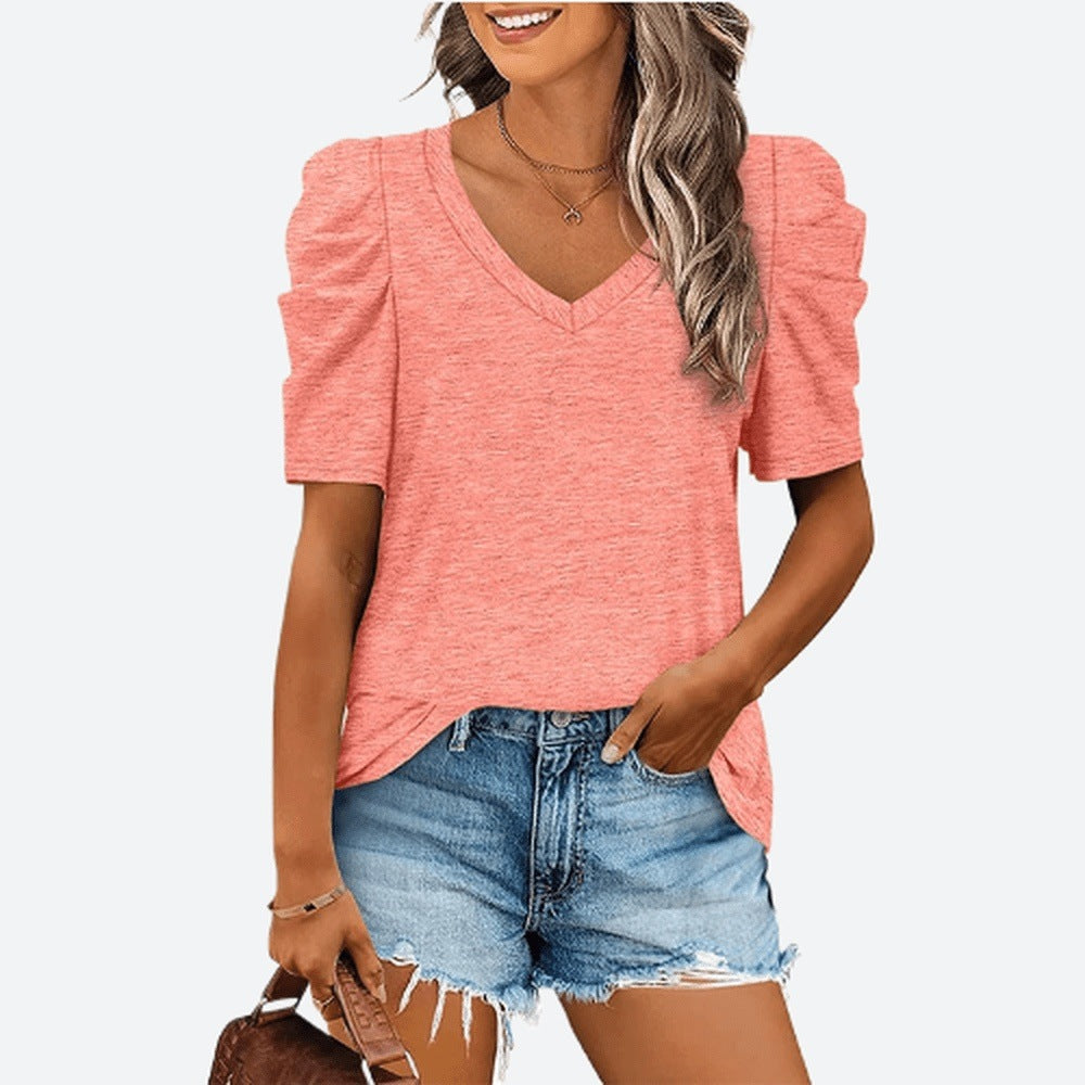 Puff Sleeve Casual Solid Color Tshirts