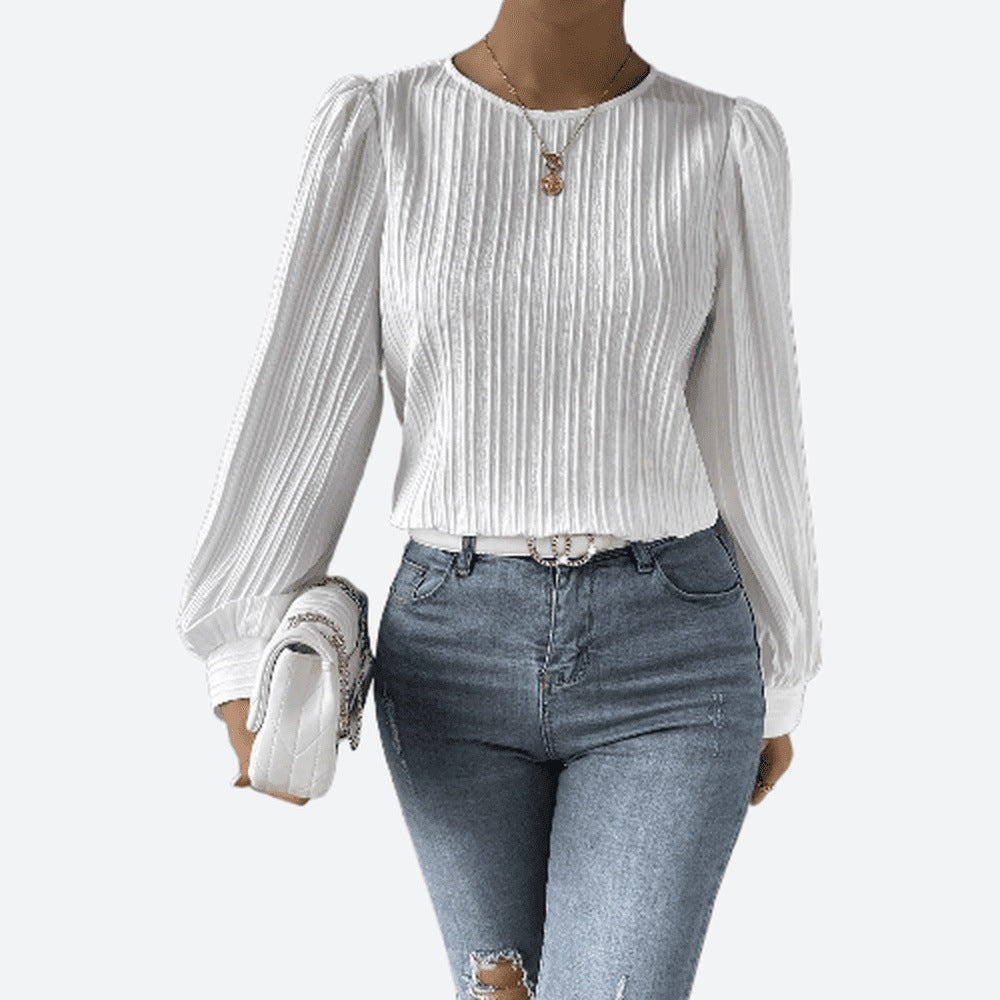 Solid Colour Round Neck Long Sleeve Blouses