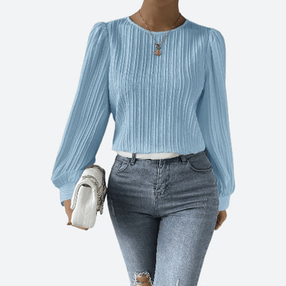 Solid Colour Round Neck Long Sleeve Blouses