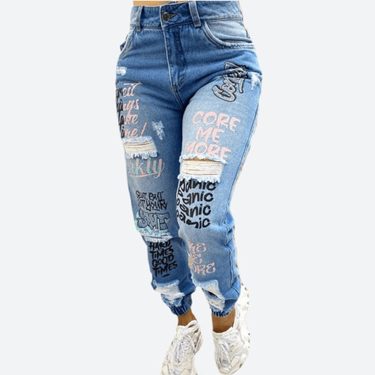 Zipper Fly Letter Printed Jeans